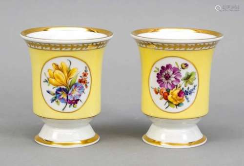 A pair of small cup vases, KPM Berlin, mark 1962-192, 1st quality, red orb mark,medallions with