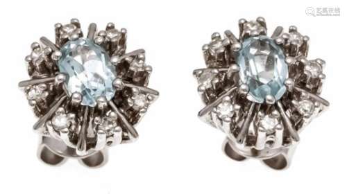 Aquamarine diamond stud earrings WG 585/000 with 2 oval fac. Aquamarines 6 x 4 mm and 16diamonds,