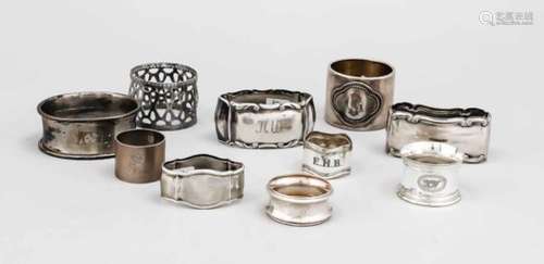 Ten napkin rings, 20th century, 5 silver, various finenesses, 5 plated, different shapesand