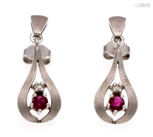 Ruby diamond stud earrings WG 585/000 with 2 round fac. Rubies 3 mm in good color and 2diamonds,
