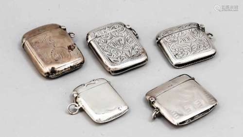 Five matchboxes, mostly England, around 1900, Sterling silver 925/000, different shapesand sizes,