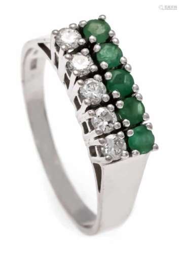 Emerald-Brillant-Ring WG 750/000 with 5 round fac. Emeralds 3 mm in good color and 5brilliants (1
