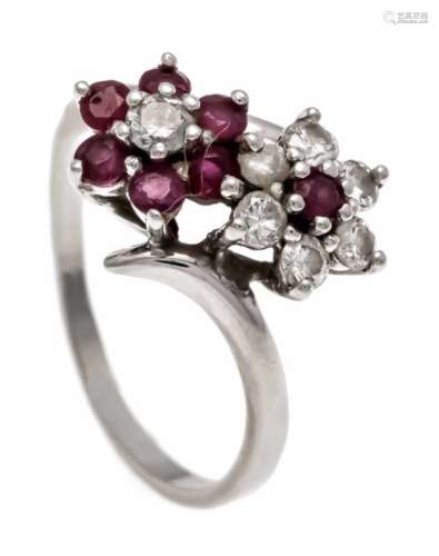 Ruby-Brilliant-Ring WG 585/000 with 7 round fac. Rubies 2.5 mm and 7 brilliants, total0.40 ct W /