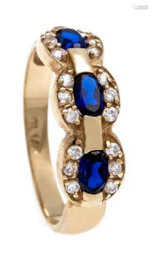 Sapphire ring GG 585/000 with 3 oval fac. Synth sapphires 5 x 3 mm and white, round fac.Gemstones,
