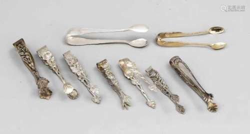 Nine sugar tongs, 20th century, different manufacturers, silver different finenesses,different