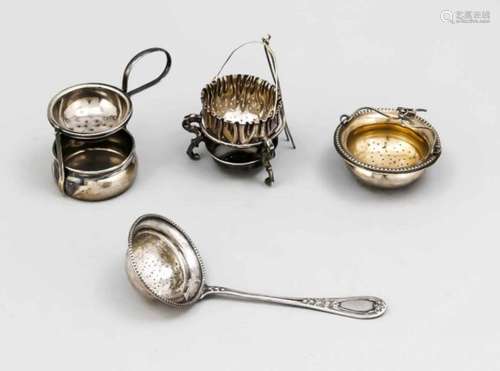 Four tea strainers, 19th/20th century, silver different finenesses, different shapes andsizes, 2