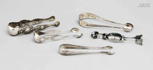 Five sugar tongs, around 1830-1860, silver tested, different decors, some with engraveddecor,