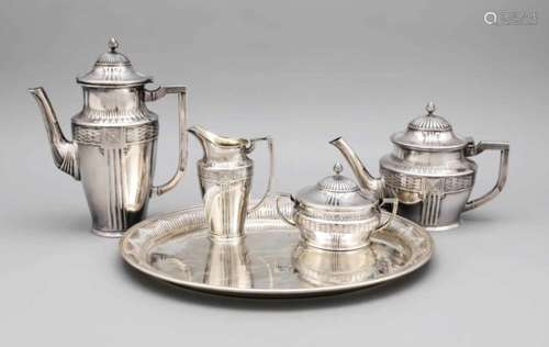 Four-pieces Art Nouveau coffee and tea set on a tray, around 1910, plated, round stand,body with