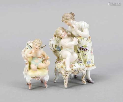 Two figures with putto, prob. Thuringia, around 1900, Putto on an armchair in conversationwith a