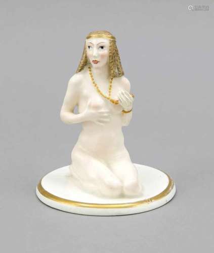 Art Nouveau figure, beg. 20th c., Ceramic, kneeling female nude with a pigtail hairstylein erotic