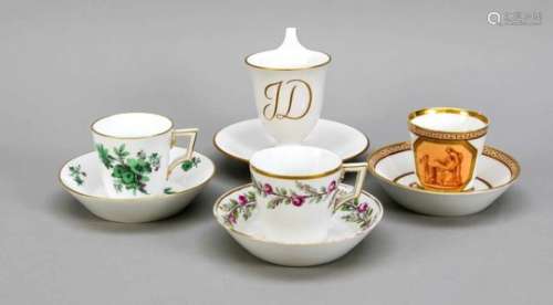 Four collecting cups with sausers, KPM Berlin, 3 collecting cups with sausers, around1800, Empire