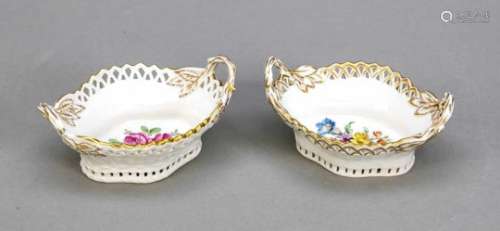 Pair of basket-shaped saliers, KPM Berlin, marks 1962-92, 1st and 2nd quality, 1 with redpainters