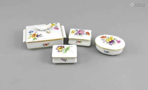 Four lidded boxes, Meissen, after 1950, 1st and 2nd quality, rectangular lidded box withside handles