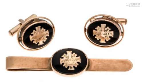 Cufflinks and tie pin RG 585/000 with oval onyx cabochons 14 x 10 mm and gold emblem, 18 x16 mm,