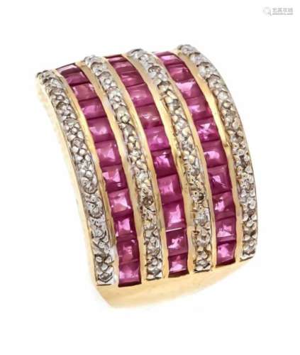 Ruby diamond ring GG 750/000 with fac.Ruby carrés 2 mm and 48 diamonds, total 0.24 ct W /SI, RG