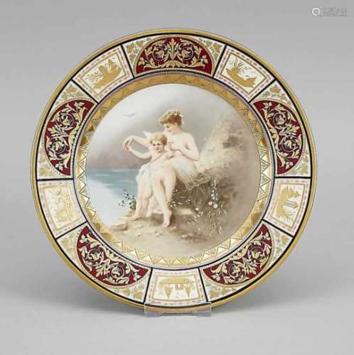 Splendid plate, Vienna, 19th century, polychrome overglaze decor with Cupid and a nymph onthe shore,
