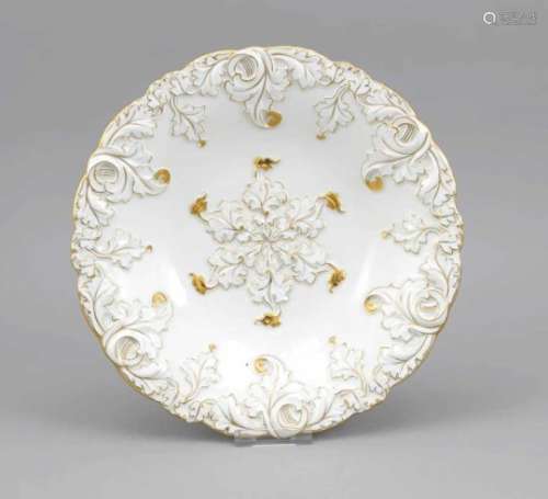 Splendor Bowl, Meissen, 1950s, 1st quality, model no. B 150, white porcelain, reliefsurface, gilt, Ø