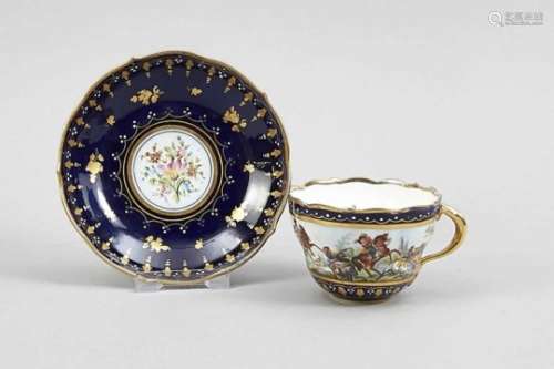 Cup with saucer, Meissen, Knauf sword mark 1850-1924, shape new cutout, polychromebattalion painting