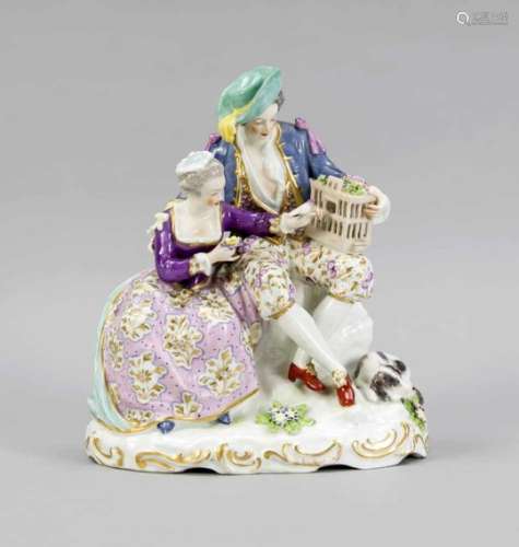 Gallant couple with birdcage, pres. Thuringia, 20th cent., seated elegant Rococo lady withbirdie