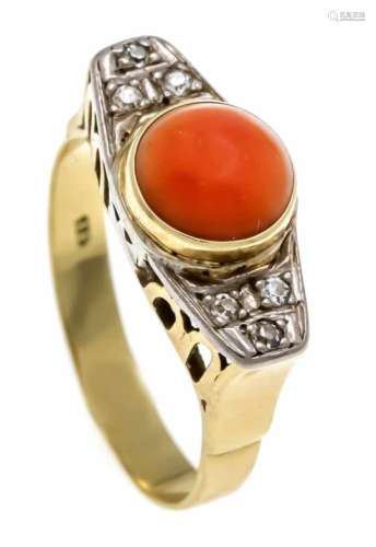 Coral diamond ring GG / WG 585/000 with a round coral cabochon 7 mm and 6 diamonds, ringsize 54, 3.5
