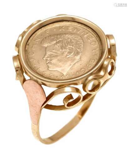 Coin ring GG / RG 585/000 with a John F. Kennedy commemorative coin, RG 56, 3.3 gMünz-Ring GG/RG