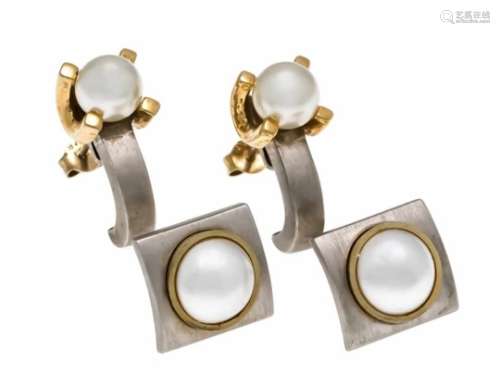 2 x designer pearl earrings, silver 925/000 and gold, with 2 half pearls 9 mm and 2 Akoyapearls 7.