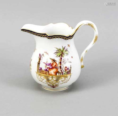 Pitcher, Meissen, mark after 1934, 1st quality, form New section, fine polychrome paintingwith