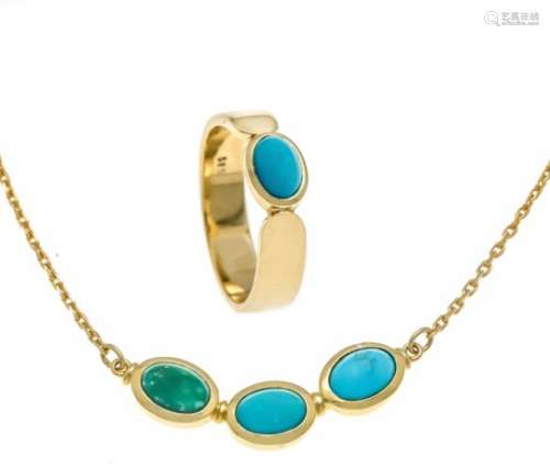 Turquoise set GG 585/000 with oval turquoise cabochons 7 x 5 mm, ring size 55, necklacewith spring