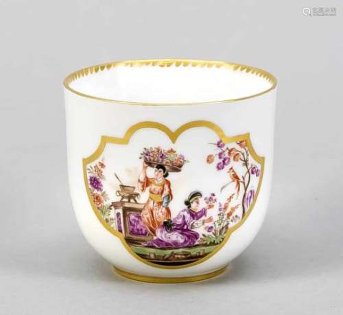 Cup with branch handle, Meissen, 1950s, four wheel-cut lines, fine polychrome paintingwith