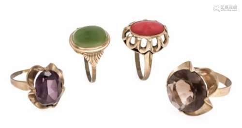 Mixed lot of 4 rings GG 333/000 with coral cabochon 13.5 x 7.5 mm, green agate cabochon13.5 x 9.8