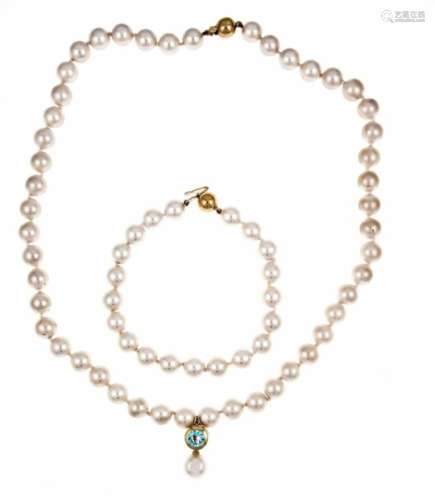 Shell pearl set with ball clasps GG 585/000 white shell pearls 8.5 mm, necklace L. 47 cm,bracelet L.