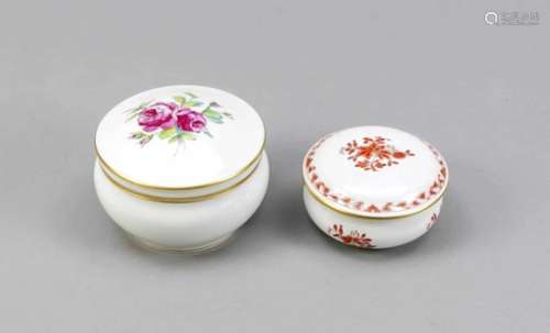 Two lidded boxes, 20th century, Bonbonière, KPM Berlin, sceptre a. red imperial orb mark,1st ch.,