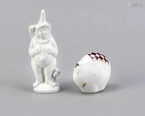 Two figures, Meissen, 20th century, Fool with owl and monkey, H. 11.5 cm, modern elephant,20th