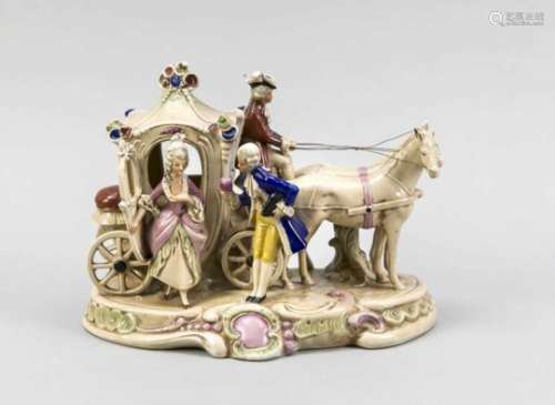Rococo style carriage, 20th c., carriage and pair on oval rocaille base, elegant ladygetting out,