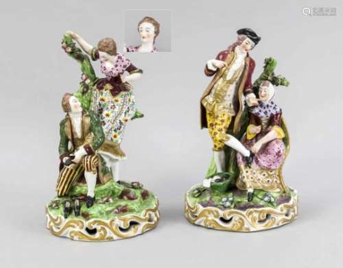 Pair of figure groups, Derby, England, mark 1782-1825, elegant pair on a tree trunk, ladyhelps the