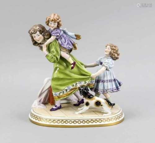 Siblings figurine group, Scheibe-Alsbach, Thuringia, 20th century, three sisters and a dogplaying,
