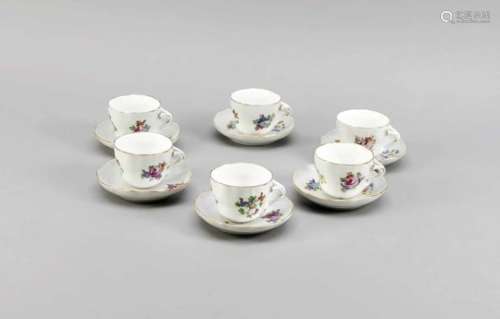 Six mocha cups with saucers, Potschappel, Dresden, 20th cent., Polychrome flower painting,gold