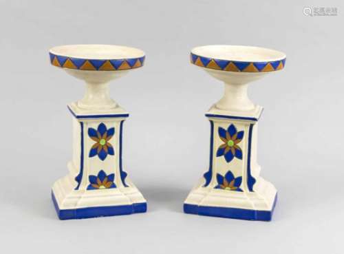 Pair of stands, pres. Holland, 20th cent., ceramic, stylised floral decor in blue, brownand green,
