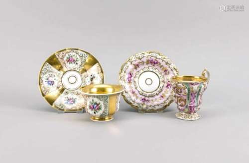 Two cups with saucers, Biedermeier cup with saucer, Schumann Berlin, mark 1835-51,polychrome
