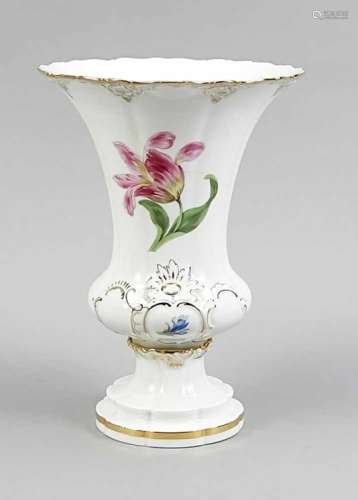 Crater vase, Meissen, mark after 1934, 1st quality, relief decoration, polychrome flowerpainting,