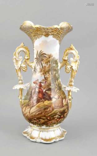 Historicism Vase, prob. Silesia, curved form, lateral handling with grapes, frontpolychrome painting