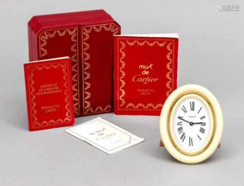 Tischuhr oval, Quarz, Cartier Mod. 7519 03683, vergoldet mit elfenbeinf. Gehäuse,Quarzwerk