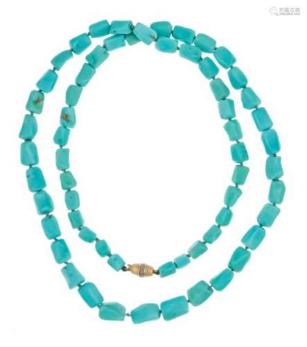 Turquoise necklace with GG 585/000 buckle and diamond roses, turquoise elements L. 12 - 7mm, L. 64