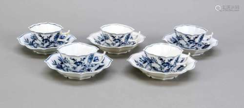 Five mocha cups with saucers, Meissen, Knauff swords, 1850-1924, 1st quality, corrugatedwall with