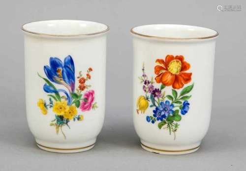 Two cup vases, Meissen, 1970s, 1st quality, polychrome flower painting, gold rim, 1 chipat the foot,