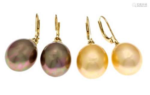 2 pairs of shell pearl earrings GG 585/000 with oval shell pearls 14 x 12 mm, gold andtahiti, L.