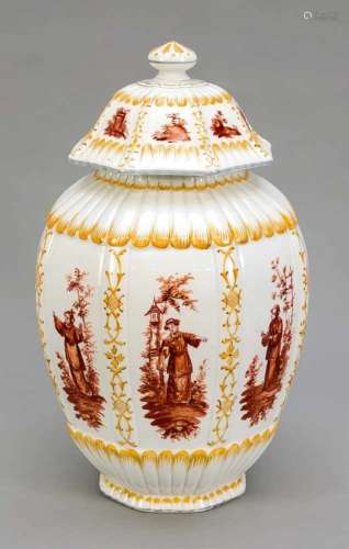 Lidded vase, Potschappel, Dresden, 20th century, octagonal, slightly bulged body, paintedin iron red