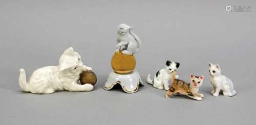 Mixed lot of cat figures, 5 pieces, 20th century, playing cat with a gold ball, Schaubach,Thuringia,