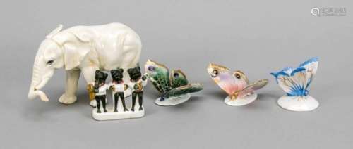 Five animal figures, 20th century, Thuringia, standing elephant, Ens, Volkstedt, millmark, beige,