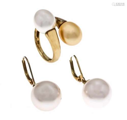 Shell pearl set Ring GG 333/000 with oval white and gold pearls 11 x 10 mm, RG 53, 7.5 g,earrings GG